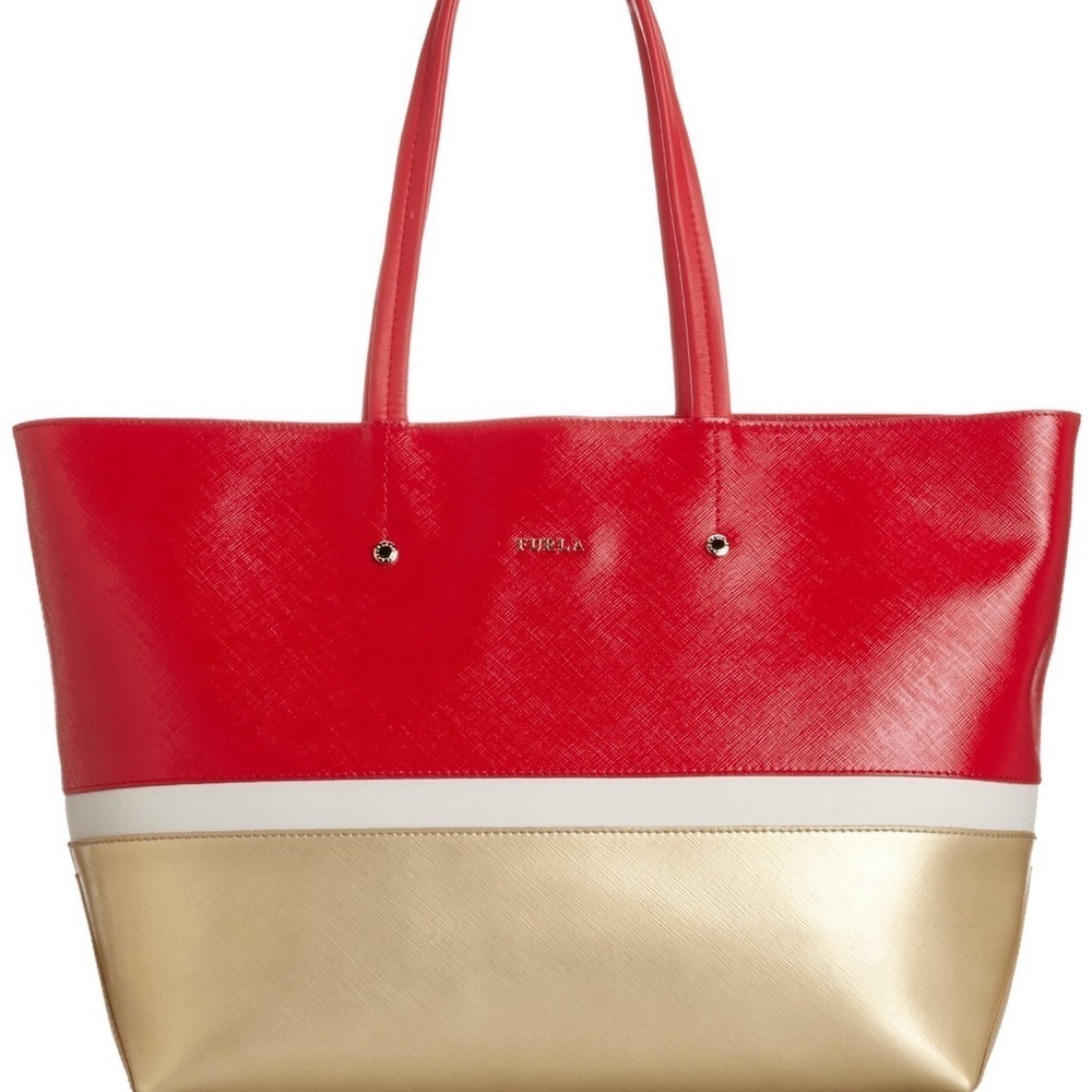 Furla Saffiano Leather Colorblock Tote Red White Gold